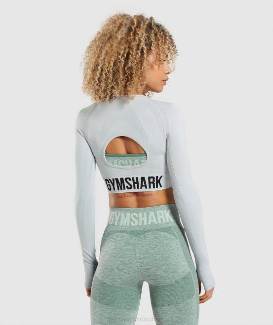 hellgrau meliert Kleidung Gymshark Frauen Flex Sports Langarm-Crop-Top 04P8479