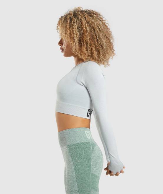 hellgrau meliert Kleidung Gymshark Frauen Flex Sports Langarm-Crop-Top 04P8479