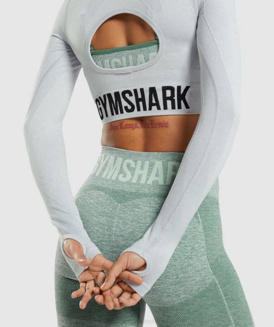 hellgrau meliert Kleidung Gymshark Frauen Flex Sports Langarm-Crop-Top 04P8479