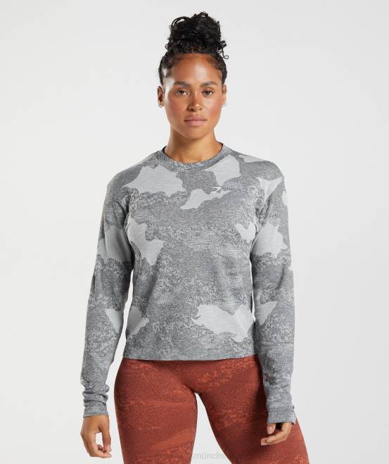 hellgrau/schwarz Kleidung Gymshark Frauen Nahtloses, langärmeliges Camo-Oberteil von Adapt 04P8465