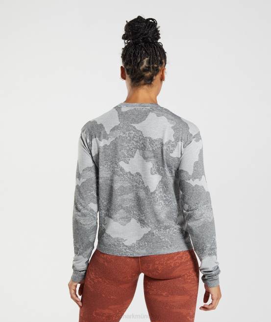 hellgrau/schwarz Kleidung Gymshark Frauen Nahtloses, langärmeliges Camo-Oberteil von Adapt 04P8465
