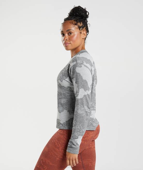 hellgrau/schwarz Kleidung Gymshark Frauen Nahtloses, langärmeliges Camo-Oberteil von Adapt 04P8465