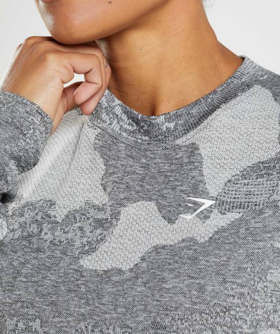 hellgrau/schwarz Kleidung Gymshark Frauen Nahtloses, langärmeliges Camo-Oberteil von Adapt 04P8465