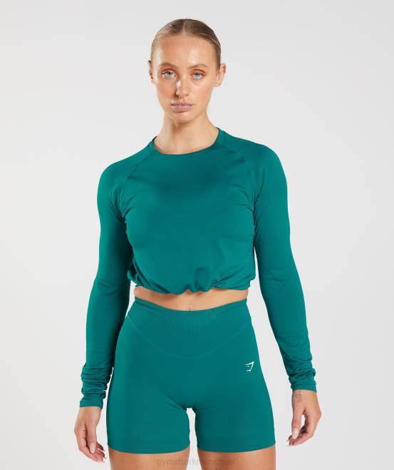 sattes Blaugrün Kleidung Gymshark Frauen Nahtloses Sweat-Crop-Top mit langen Ärmeln 04P8433