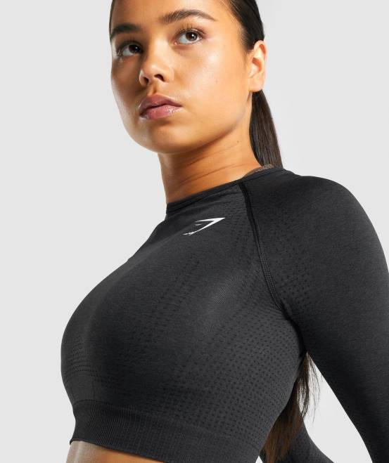 schwarzer Mergel Kleidung Gymshark Frauen Vital Seamless 2.0 Langarm-Crop-Top 04P8467