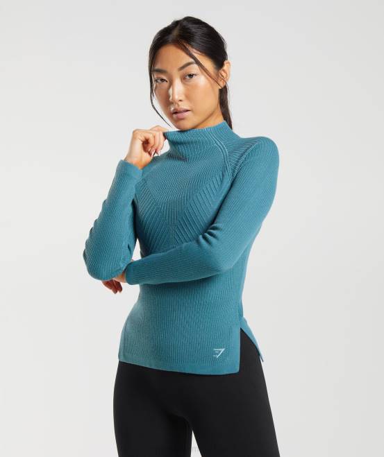 verkohltes Blau/zahmes Blau Kleidung Gymshark Frauen Langes Strickoberteil von Pause 04P8446