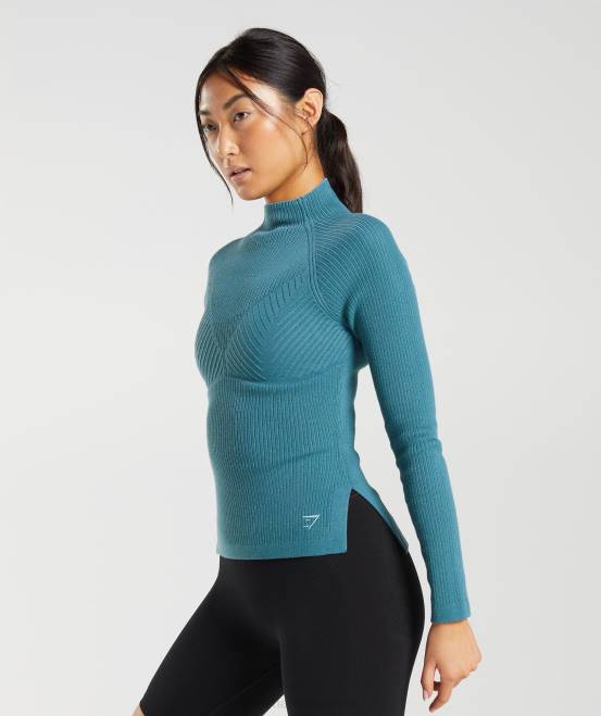 verkohltes Blau/zahmes Blau Kleidung Gymshark Frauen Langes Strickoberteil von Pause 04P8446