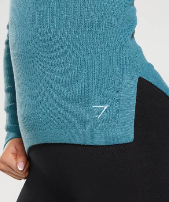 verkohltes Blau/zahmes Blau Kleidung Gymshark Frauen Langes Strickoberteil von Pause 04P8446