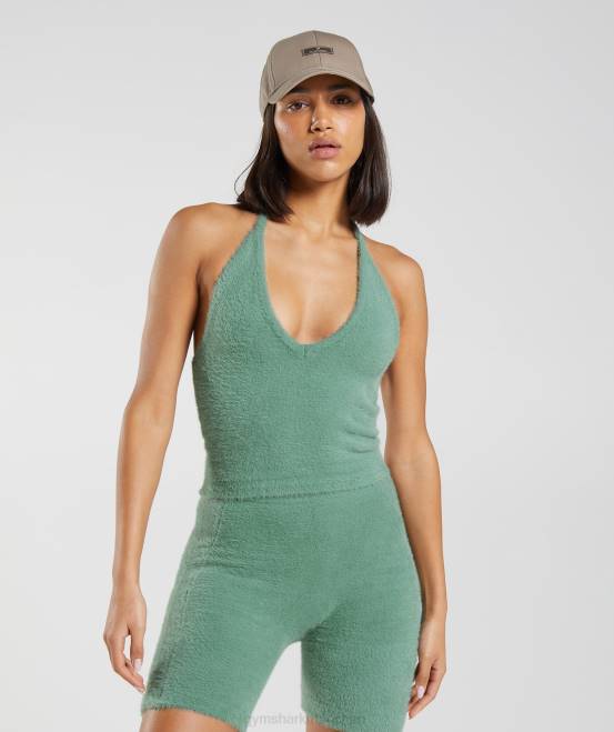 Blattgrün Kleidung Gymshark Frauen Whitney Wimpernstrick-Midi-Neckholder-Top 04P8443