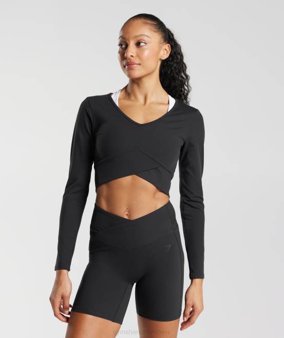Schwarz Kleidung Gymshark Frauen Crossover-Langarm-Crop-Top 04P8498