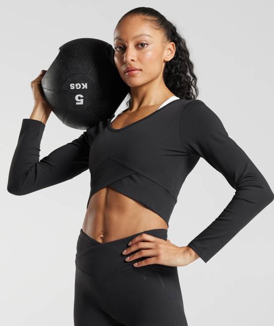 Schwarz Kleidung Gymshark Frauen Crossover-Langarm-Crop-Top 04P8498