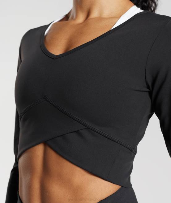 Schwarz Kleidung Gymshark Frauen Crossover-Langarm-Crop-Top 04P8498