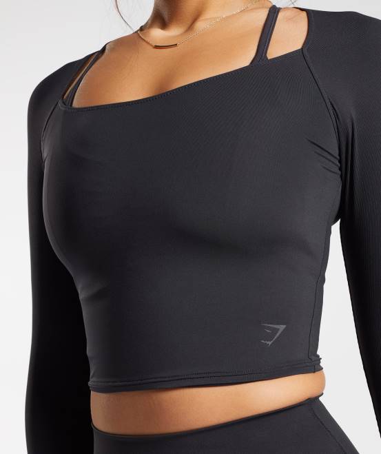 Schwarz Kleidung Gymshark Frauen Erhöhtes Crop-Top mit 3/4-Ärmeln 04P8422