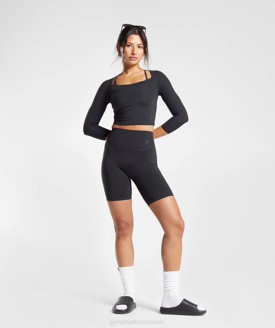 Schwarz Kleidung Gymshark Frauen Erhöhtes Crop-Top mit 3/4-Ärmeln 04P8422