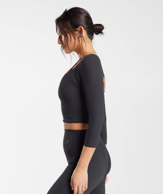 Schwarz Kleidung Gymshark Frauen Erhöhtes Crop-Top mit 3/4-Ärmeln 04P8422