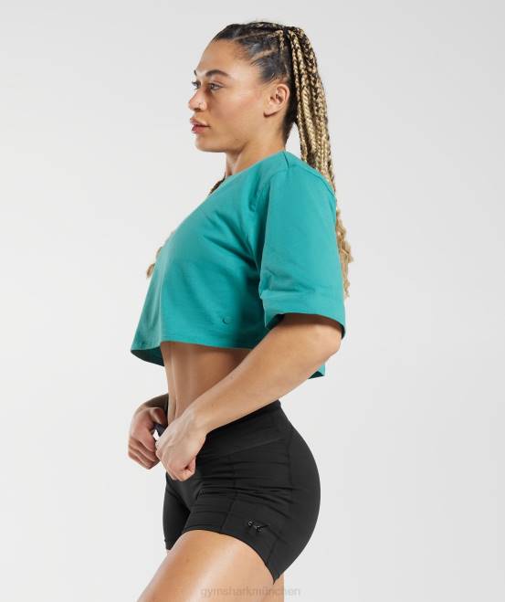juwelengrün Kleidung Gymshark Frauen Kastenförmiges Crop-Top aus Baumwolle 04P8450