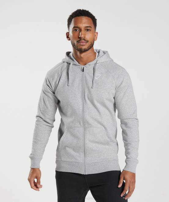 hellgrau meliert Kleidung Gymshark Männer Kapuzenpullover mit Wappen und Reißverschluss 04P8794