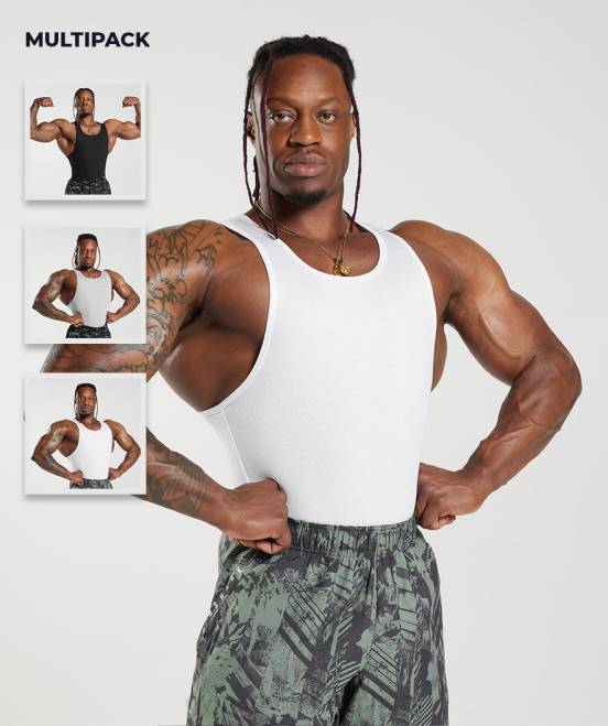 weiß/schwarz/steingrau meliert Kleidung Gymshark Männer Geripptes Tanktop, 3er-Pack 04P8908