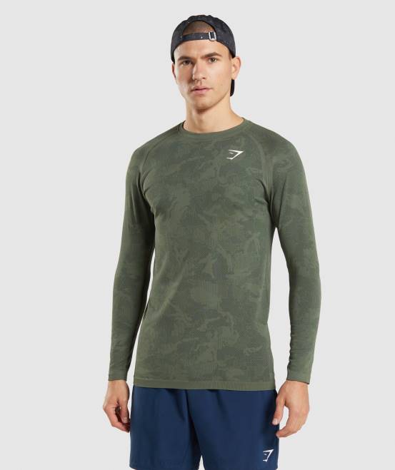 Kern oliv/schwarz Kleidung Gymshark Männer Geo-nahtloses Langarm-T-Shirt 04P8599