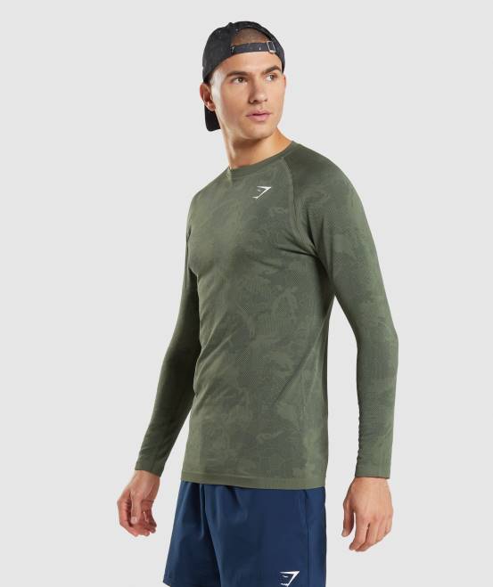Kern oliv/schwarz Kleidung Gymshark Männer Geo-nahtloses Langarm-T-Shirt 04P8599