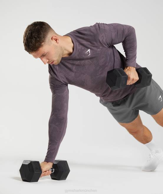 Moschusflieder/Schwarz Kleidung Gymshark Männer Geo-nahtloses Langarm-T-Shirt 04P8700