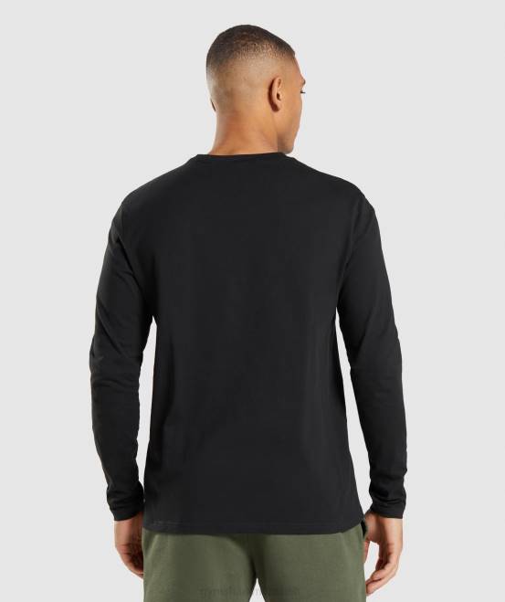 Schwarz Kleidung Gymshark Männer Langarm-T-Shirt mit Wappen 04P8579