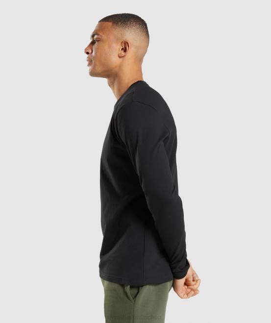 Schwarz Kleidung Gymshark Männer Langarm-T-Shirt mit Wappen 04P8579