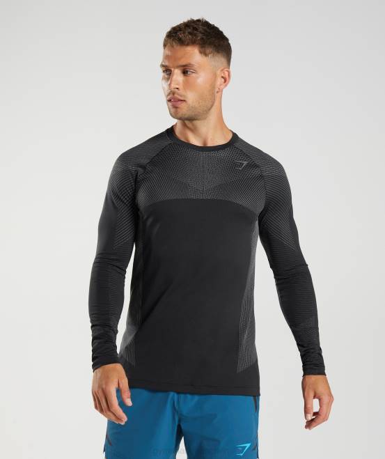 Schwarz/Silhouettengrau Kleidung Gymshark Männer Apex nahtloses Langarm-T-Shirt 04P8764