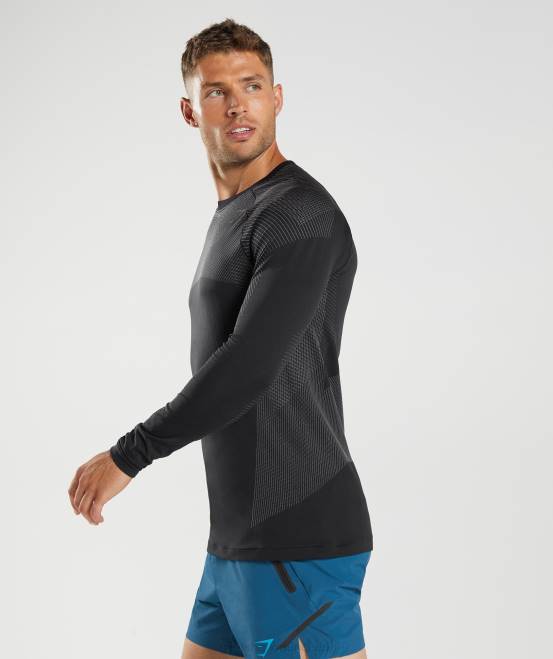 Schwarz/Silhouettengrau Kleidung Gymshark Männer Apex nahtloses Langarm-T-Shirt 04P8764