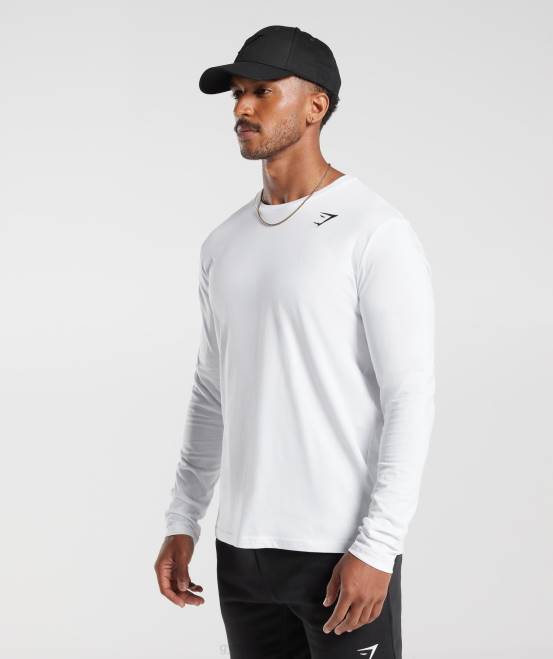 Weiß Kleidung Gymshark Männer Langarm-T-Shirt mit Wappen 04P8585