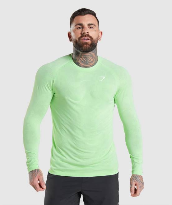 baligrün/weiß Kleidung Gymshark Männer Geo-nahtloses Langarm-T-Shirt 04P8663