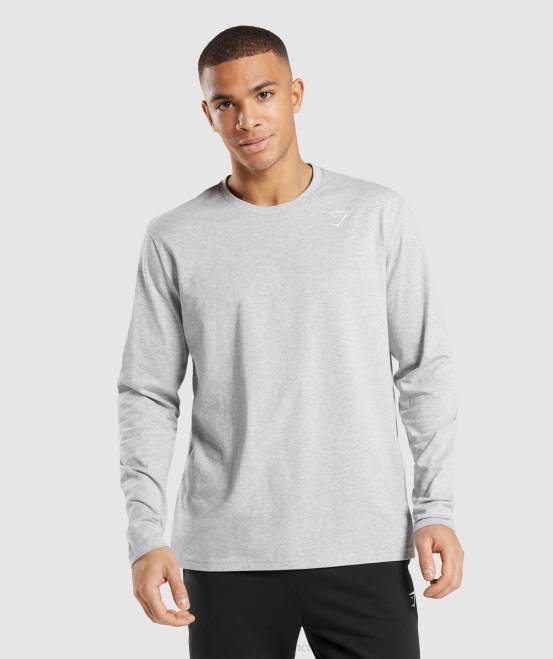 hellgrau meliert Kleidung Gymshark Männer Langarm-T-Shirt mit Wappen 04P8610